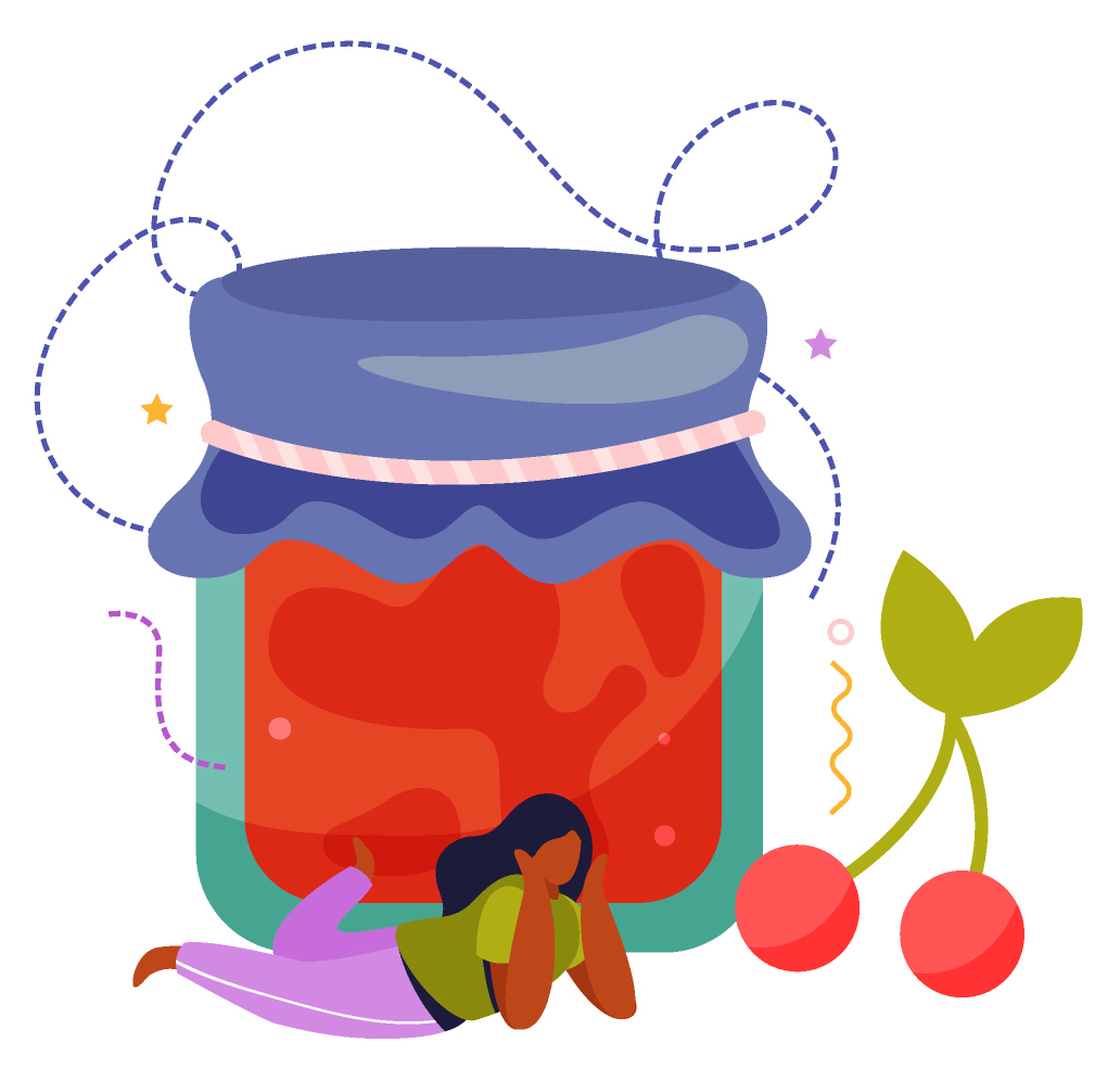 Illustration de bocal de conserves avec cerises et jeune femme